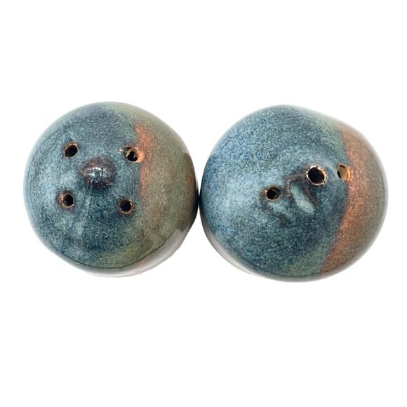 Handmade Ceramic Salt & Pepper Shakers Blue Brown Green Glaze By Kaye Chard - Picture 6 of 9